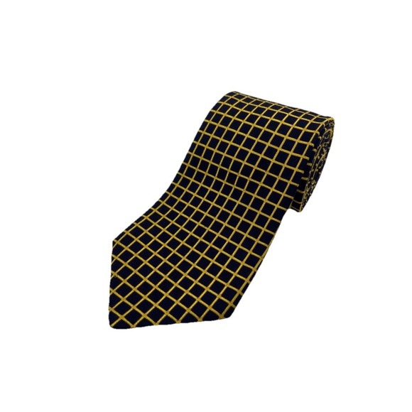 Brooks Brothers Other - Brooks Brothers USA Men's Yellow & Navy Blue Geometric Grid Silk Neck Tie Square